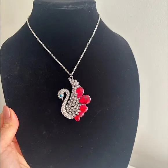 Silver Swan Pendant Necklace with Red Crystal Accents - Picture 7 of 8